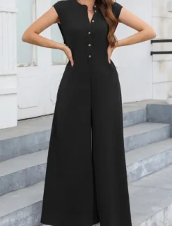 Online Women's Normal Jumpsuit Streetwear Solid Color Sleeveless V Neck Buttons Street Going out Regular Fit Black White Light Green Summer Women Jumpsuits