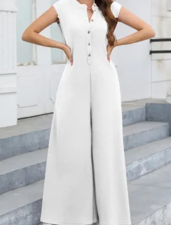 Online Women's Normal Jumpsuit Streetwear Solid Color Sleeveless V Neck Buttons Street Going out Regular Fit Black White Light Green Summer Women Jumpsuits