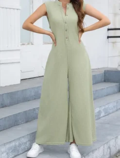 Online Women's Normal Jumpsuit Streetwear Solid Color Sleeveless V Neck Buttons Street Going out Regular Fit Black White Light Green Summer Women Jumpsuits