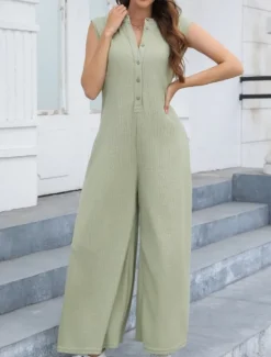 Online Women's Normal Jumpsuit Streetwear Solid Color Sleeveless V Neck Buttons Street Going out Regular Fit Black White Light Green Summer Women Jumpsuits