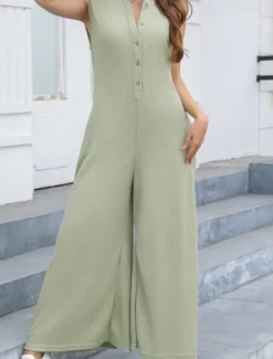 Online Women's Normal Jumpsuit Streetwear Solid Color Sleeveless V Neck Buttons Street Going out Regular Fit Black White Light Green Summer Women Jumpsuits