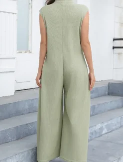 Online Women's Normal Jumpsuit Streetwear Solid Color Sleeveless V Neck Buttons Street Going out Regular Fit Black White Light Green Summer Women Jumpsuits