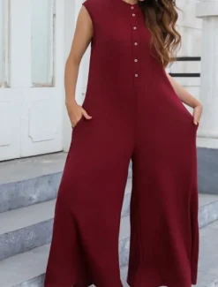 Online Women's Normal Jumpsuit Streetwear Solid Color Sleeveless V Neck Buttons Street Going out Regular Fit Black White Light Green Summer Women Jumpsuits