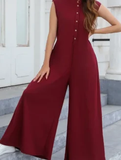 Online Women's Normal Jumpsuit Streetwear Solid Color Sleeveless V Neck Buttons Street Going out Regular Fit Black White Light Green Summer Women Jumpsuits