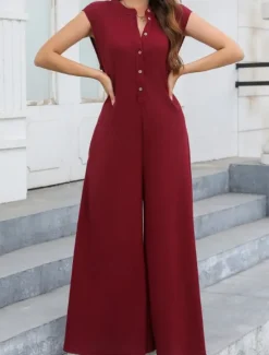 Online Women's Normal Jumpsuit Streetwear Solid Color Sleeveless V Neck Buttons Street Going out Regular Fit Black White Light Green Summer Women Jumpsuits