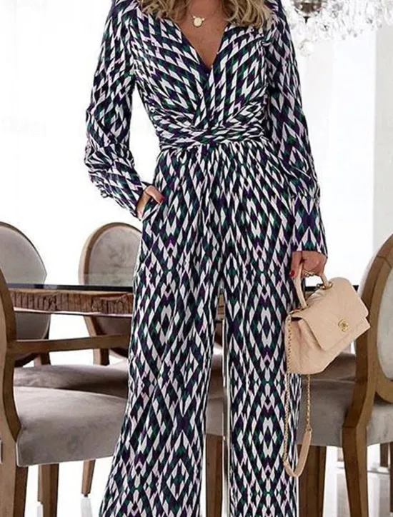 Sale Women's Normal Jumpsuit Streetwear Plaid Long Sleeve Wide Leg Deep V Pocket Print Vacation Street Regular Fit Fall Women Jumpsuits
