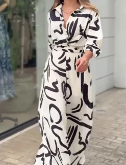 Outlet Women's Normal Jumpsuit Stylish Geometric Long Sleeve Shirt Collar Belted Vacation Party Loose Fit Spring Women Jumpsuits