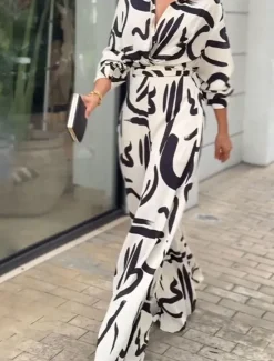Outlet Women's Normal Jumpsuit Stylish Geometric Long Sleeve Shirt Collar Belted Vacation Party Loose Fit Spring Women Jumpsuits