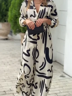 Outlet Women's Normal Jumpsuit Stylish Geometric Long Sleeve Shirt Collar Belted Vacation Party Loose Fit Spring Women Jumpsuits