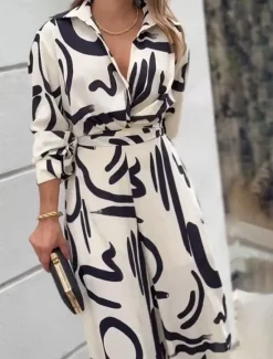 Outlet Women's Normal Jumpsuit Stylish Geometric Long Sleeve Shirt Collar Belted Vacation Party Loose Fit Spring Women Jumpsuits