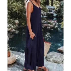 Sale Women's Normal Jumpsuit Streetwear Solid Color Sleeveless V Neck Backless Street Daily Regular Fit Black White Wine Summer Women Jumpsuits
