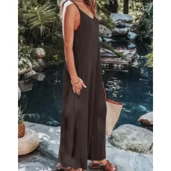 Sale Women's Normal Jumpsuit Streetwear Solid Color Sleeveless V Neck Backless Street Daily Regular Fit Black White Wine Summer Women Jumpsuits