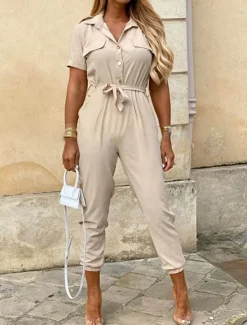 Clearance Women's Normal Jumpsuit Streetwear Solid Color Short Sleeve Shirt Collar Pocket Drawstring Street Daily Regular Fit Black White Wine Summer Women Jumpsuits