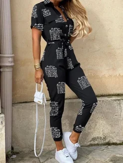 Clearance Women's Normal Jumpsuit Streetwear Solid Color Short Sleeve Shirt Collar Pocket Drawstring Street Daily Regular Fit Black White Wine Summer Women Jumpsuits