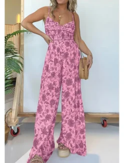 New Women's Normal Jumpsuit Streetwear Floral Spaghetti Strap V Neck Print Street Daily Regular Fit Pink Blue Khaki Summer Women Jumpsuits