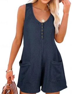Clearance Women's Normal Jumpsuit Streetwear Solid Color Sleeveless V Neck Buttons Pocket Street Daily Regular Fit Black Pink Wine Summer Women Rompers|Overalls
