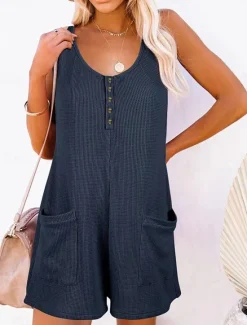 Clearance Women's Normal Jumpsuit Streetwear Solid Color Sleeveless V Neck Buttons Pocket Street Daily Regular Fit Black Pink Wine Summer Women Rompers|Overalls