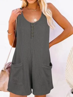Clearance Women's Normal Jumpsuit Streetwear Solid Color Sleeveless V Neck Buttons Pocket Street Daily Regular Fit Black Pink Wine Summer Women Rompers|Overalls
