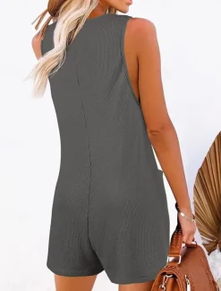 Clearance Women's Normal Jumpsuit Streetwear Solid Color Sleeveless V Neck Buttons Pocket Street Daily Regular Fit Black Pink Wine Summer Women Rompers|Overalls