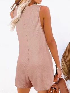 Clearance Women's Normal Jumpsuit Streetwear Solid Color Sleeveless V Neck Buttons Pocket Street Daily Regular Fit Black Pink Wine Summer Women Rompers|Overalls