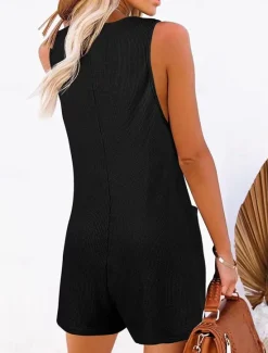 Clearance Women's Normal Jumpsuit Streetwear Solid Color Sleeveless V Neck Buttons Pocket Street Daily Regular Fit Black Pink Wine Summer Women Rompers|Overalls