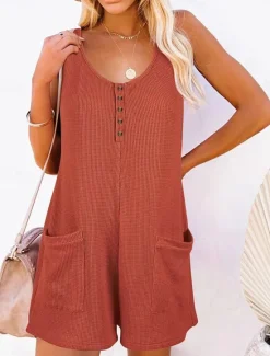 Clearance Women's Normal Jumpsuit Streetwear Solid Color Sleeveless V Neck Buttons Pocket Street Daily Regular Fit Black Pink Wine Summer Women Rompers|Overalls