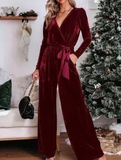 Clearance Women's Normal Jumpsuit Stylish Solid Color Long Sleeve Deep V Belted Vacation Party Regular Fit Black Red Blue Spring Women Jumpsuits