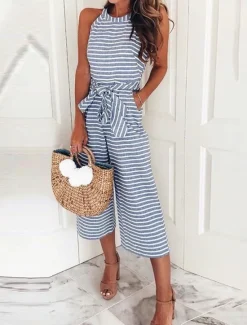 Best Women's Normal Jumpsuit Streetwear Striped Sleeveless Pocket Daily Going out Regular Fit Black Pink Blue Summer Women Jumpsuits