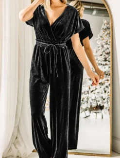 New Women's Normal Jumpsuit Stylish Solid Color Short Sleeve V Neck Drawstring Party Work Loose Fit Black Green Spring Women Jumpsuits