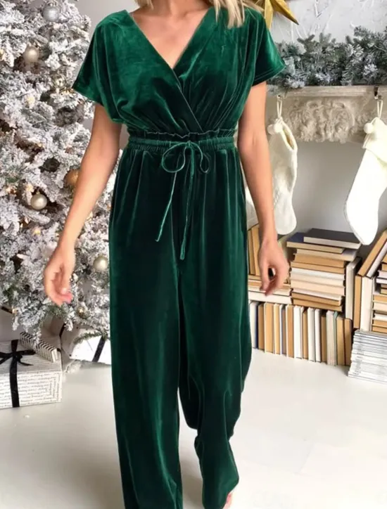 New Women's Normal Jumpsuit Stylish Solid Color Short Sleeve V Neck Drawstring Party Work Loose Fit Black Green Spring Women Jumpsuits
