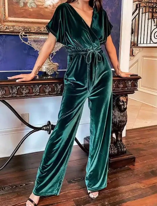 New Women's Normal Jumpsuit Stylish Solid Color Short Sleeve V Neck Drawstring Party Work Loose Fit Black Green Spring Women Jumpsuits