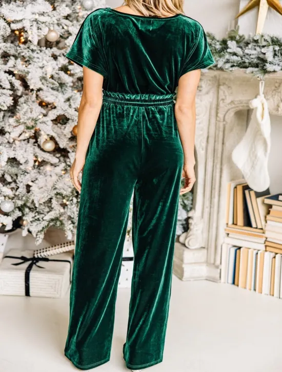 New Women's Normal Jumpsuit Stylish Solid Color Short Sleeve V Neck Drawstring Party Work Loose Fit Black Green Spring Women Jumpsuits