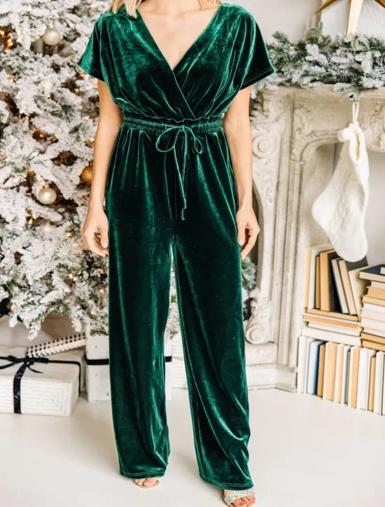 New Women's Normal Jumpsuit Stylish Solid Color Short Sleeve V Neck Drawstring Party Work Loose Fit Black Green Spring Women Jumpsuits
