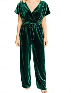 New Women's Normal Jumpsuit Stylish Solid Color Short Sleeve V Neck Drawstring Party Work Loose Fit Black Green Spring Women Jumpsuits