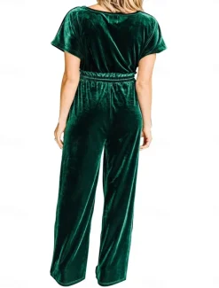 New Women's Normal Jumpsuit Stylish Solid Color Short Sleeve V Neck Drawstring Party Work Loose Fit Black Green Spring Women Jumpsuits