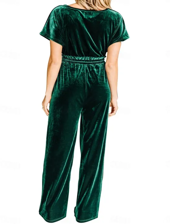 New Women's Normal Jumpsuit Stylish Solid Color Short Sleeve V Neck Drawstring Party Work Loose Fit Black Green Spring Women Jumpsuits