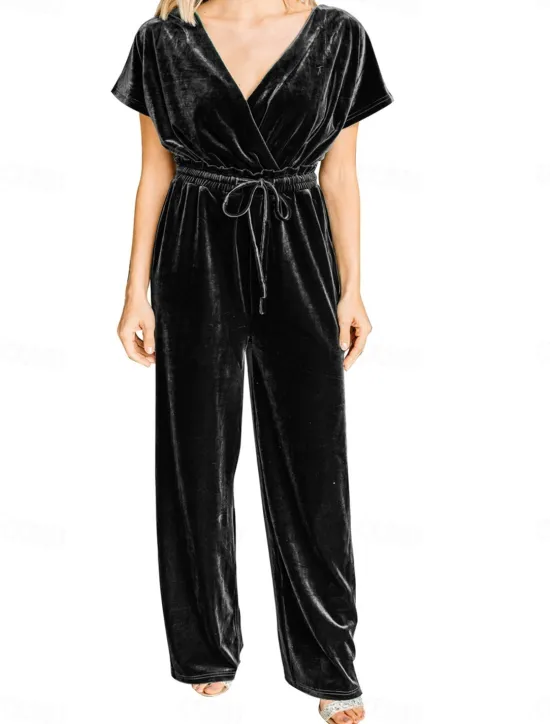 New Women's Normal Jumpsuit Stylish Solid Color Short Sleeve V Neck Drawstring Party Work Loose Fit Black Green Spring Women Jumpsuits