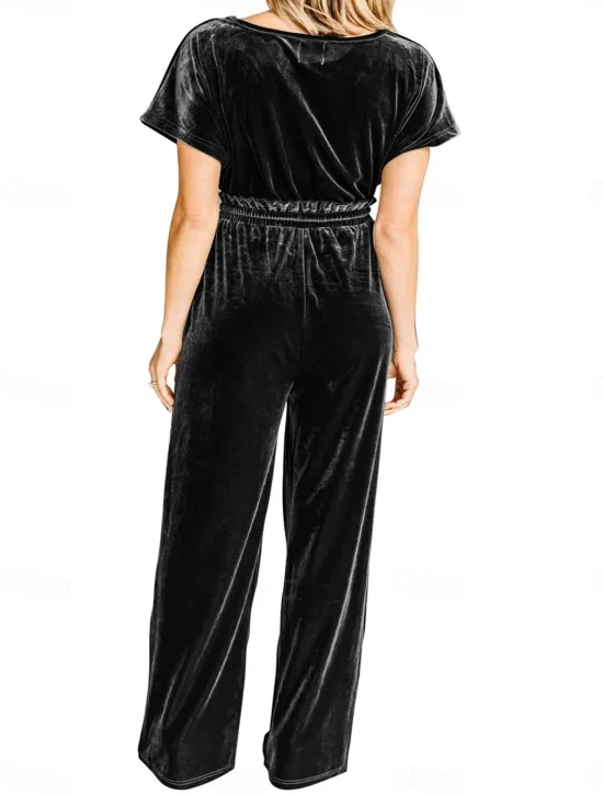 New Women's Normal Jumpsuit Stylish Solid Color Short Sleeve V Neck Drawstring Party Work Loose Fit Black Green Spring Women Jumpsuits