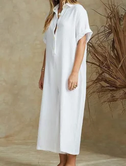 Best Women's Normal Jumpsuit Streetwear Solid Color Half Sleeve Shirt Collar Buttons Daily Holiday Regular Fit Black White Khaki Summer Women Jumpsuits