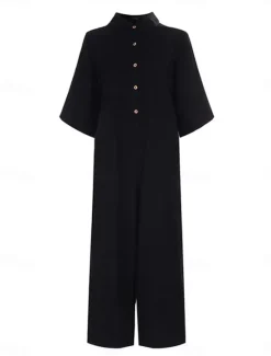 Best Women's Normal Jumpsuit Streetwear Solid Color Half Sleeve Shirt Collar Buttons Daily Holiday Regular Fit Black White Khaki Summer Women Jumpsuits