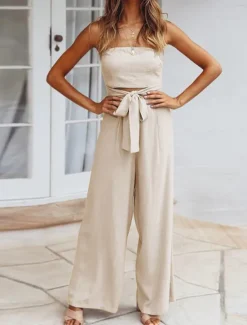 New Women's Normal Jumpsuit Streetwear Solid Color Sleeveless Strapless Lace up Backless Street Daily Regular Fit White Green Apricot Summer Women Jumpsuits