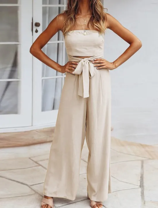 New Women's Normal Jumpsuit Streetwear Solid Color Sleeveless Strapless Lace up Backless Street Daily Regular Fit White Green Apricot Summer Women Jumpsuits