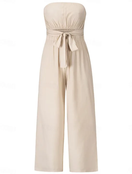 New Women's Normal Jumpsuit Streetwear Solid Color Sleeveless Strapless Lace up Backless Street Daily Regular Fit White Green Apricot Summer Women Jumpsuits