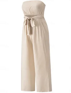 New Women's Normal Jumpsuit Streetwear Solid Color Sleeveless Strapless Lace up Backless Street Daily Regular Fit White Green Apricot Summer Women Jumpsuits