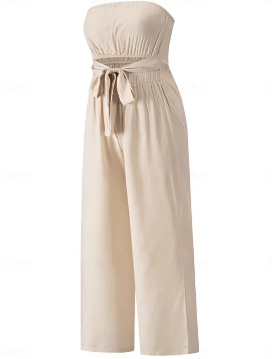 New Women's Normal Jumpsuit Streetwear Solid Color Sleeveless Strapless Lace up Backless Street Daily Regular Fit White Green Apricot Summer Women Jumpsuits