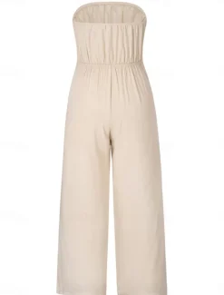 New Women's Normal Jumpsuit Streetwear Solid Color Sleeveless Strapless Lace up Backless Street Daily Regular Fit White Green Apricot Summer Women Jumpsuits