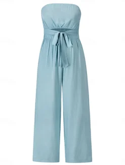 New Women's Normal Jumpsuit Streetwear Solid Color Sleeveless Strapless Lace up Backless Street Daily Regular Fit White Green Apricot Summer Women Jumpsuits
