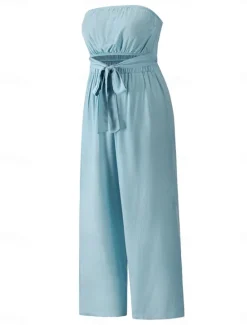 New Women's Normal Jumpsuit Streetwear Solid Color Sleeveless Strapless Lace up Backless Street Daily Regular Fit White Green Apricot Summer Women Jumpsuits