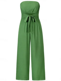 New Women's Normal Jumpsuit Streetwear Solid Color Sleeveless Strapless Lace up Backless Street Daily Regular Fit White Green Apricot Summer Women Jumpsuits