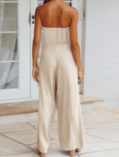 New Women's Normal Jumpsuit Streetwear Solid Color Sleeveless Strapless Lace up Backless Street Daily Regular Fit White Green Apricot Summer Women Jumpsuits
